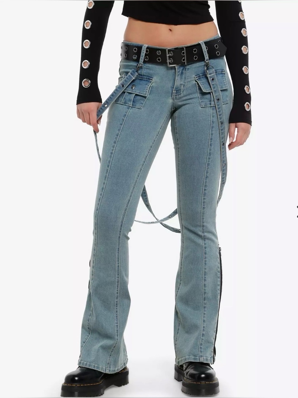 Light Indigo Suspender Low Rise Flare Pants w/Grommet Belt Size 11 Zipper Flare